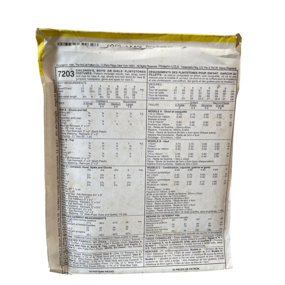 McCalls 7203 Sewing Pattern Flintstones Childrens Costume Size 3-4 - Picture 2 of 2